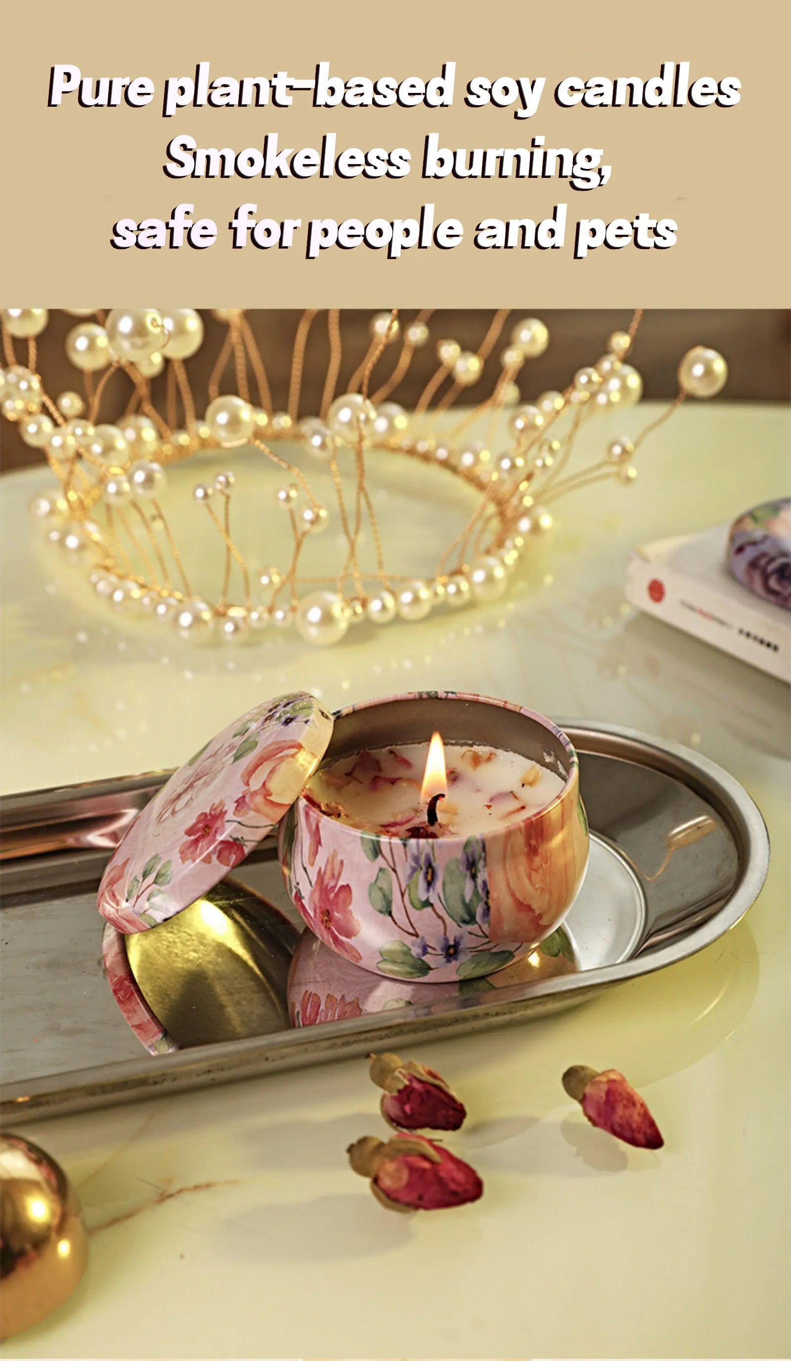 Relaxing Soy Wax Candle – Aromatherapy Jar with Rose & Lavender Flowers