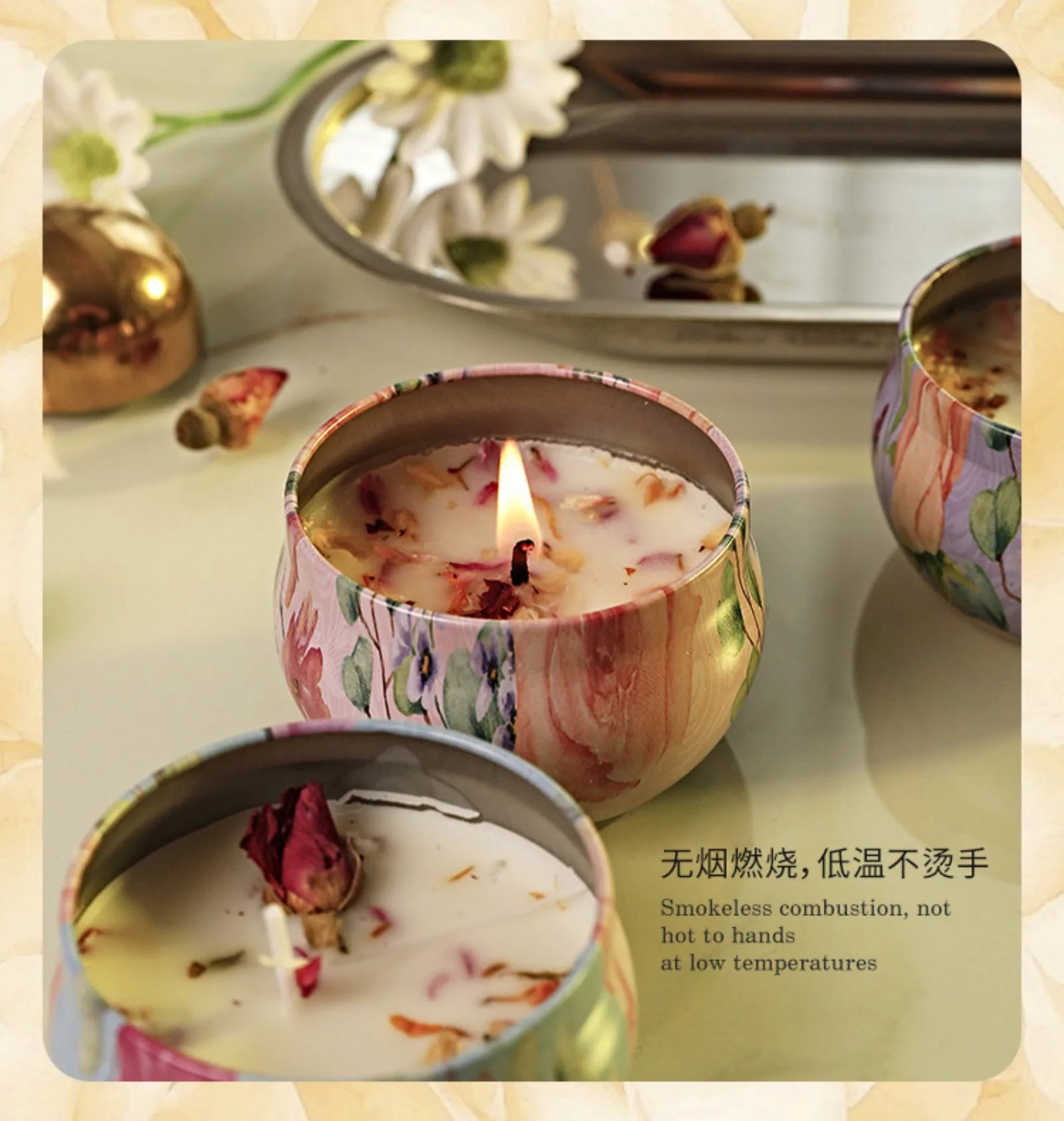 Relaxing Soy Wax Candle – Aromatherapy Jar with Rose & Lavender Flowers