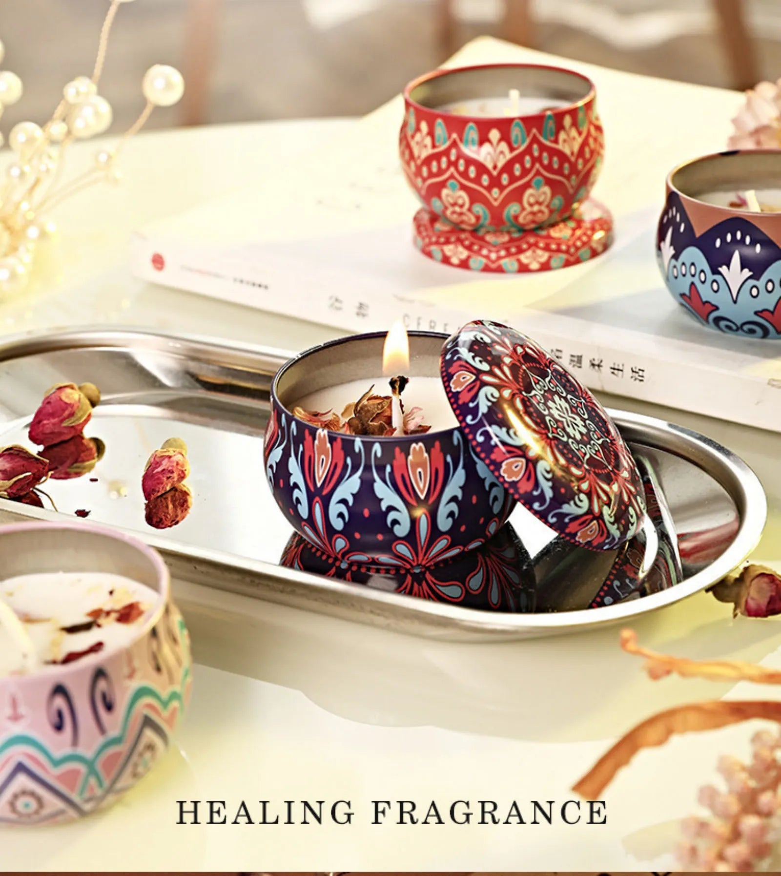 Relaxing Soy Wax Candle – Aromatherapy Jar with Rose & Lavender Flowers