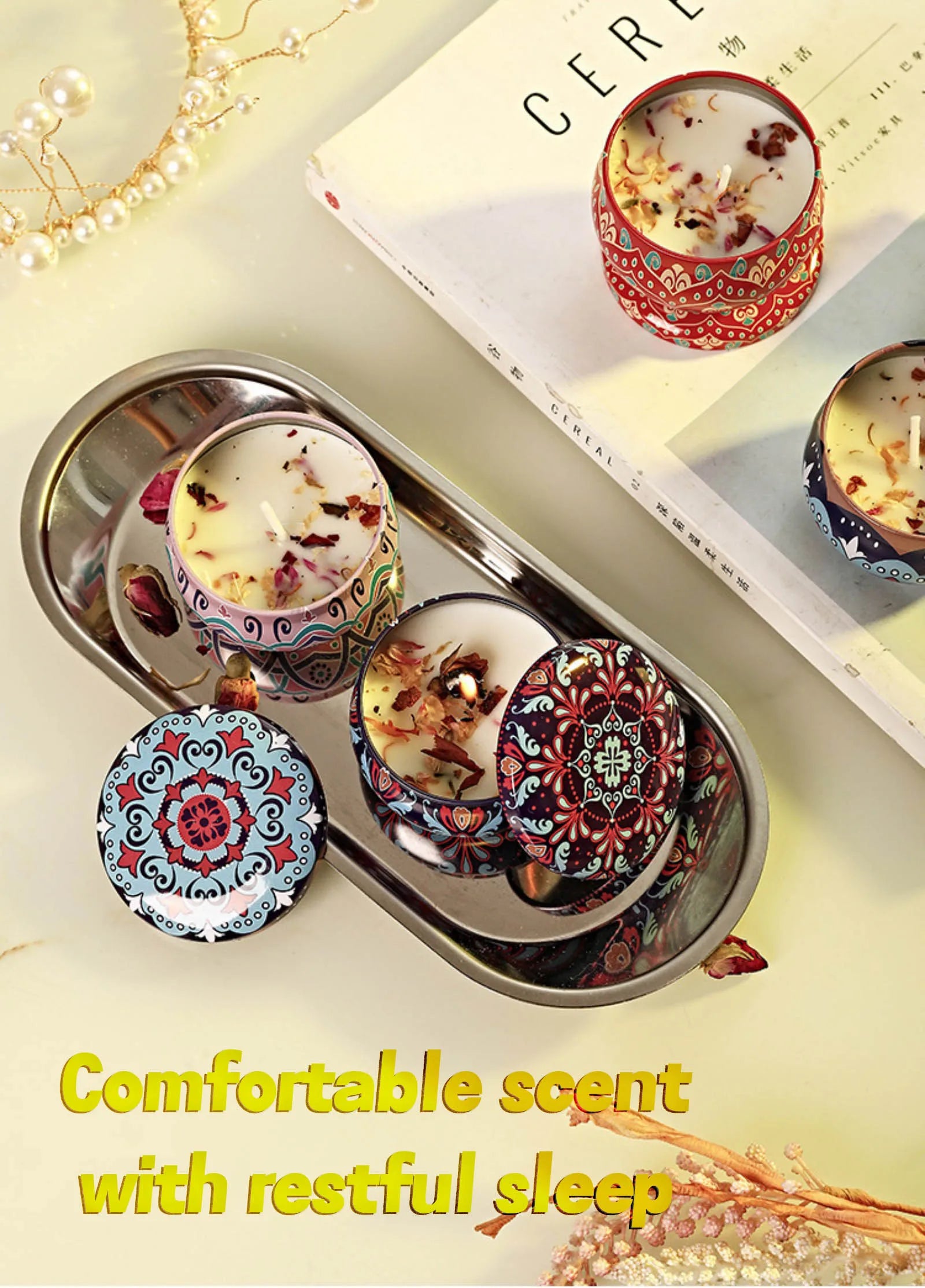 Relaxing Soy Wax Candle – Aromatherapy Jar with Rose & Lavender Flowers