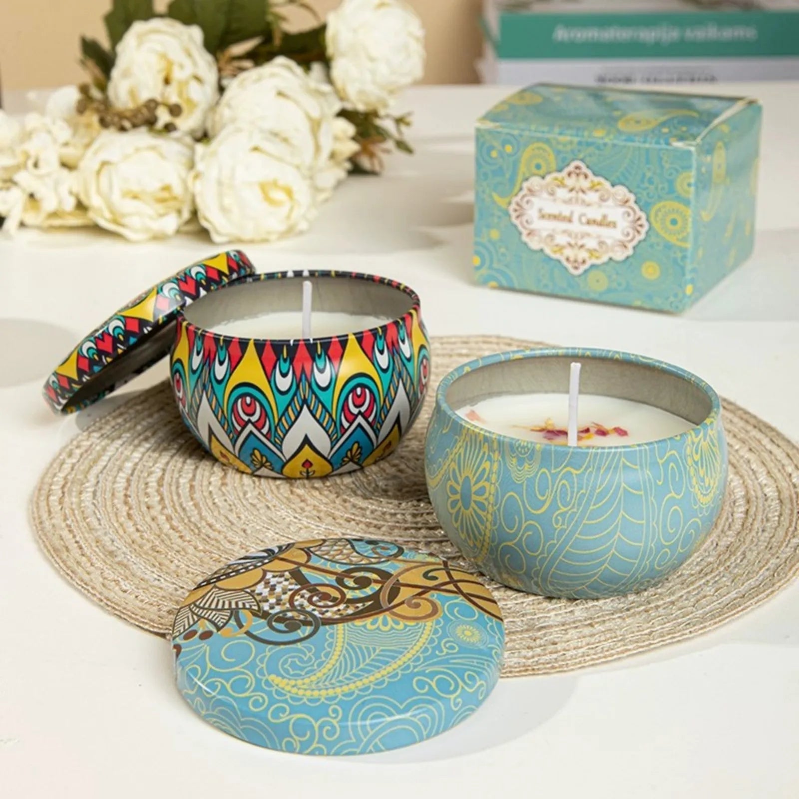 Relaxing Soy Wax Candle – Aromatherapy Jar with Rose & Lavender Flowers