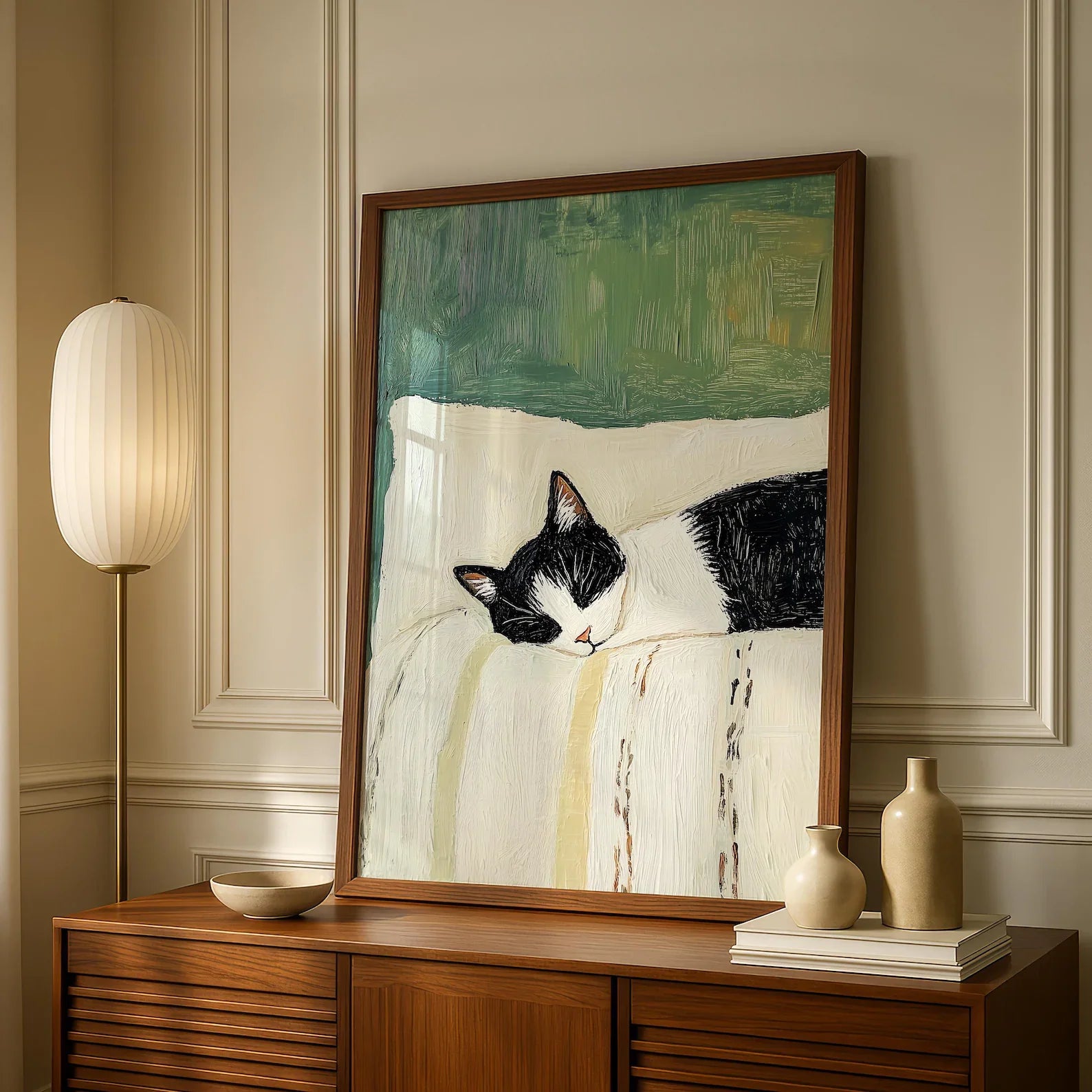 Modern Cat Wall Art Print – Black & White Tuxedo Cat Painting