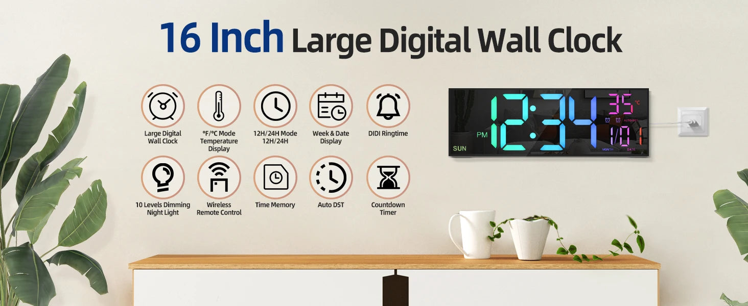 Big LED Display Alarm Clock – 16.2" Digital Wall Clock with Remote