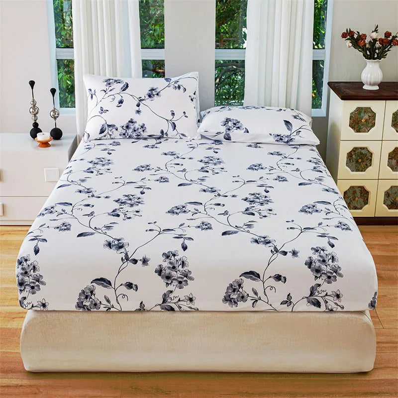 Plant Flower Printed Fitted Sheet – Skin-Friendly Mattress Protector with Deep Pocket (Double/Queen)
