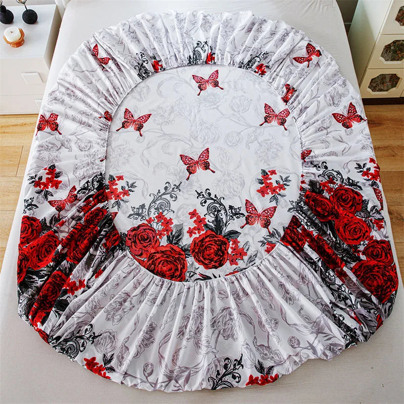 Plant Flower Printed Fitted Sheet – Skin-Friendly Mattress Protector with Deep Pocket (Double/Queen)