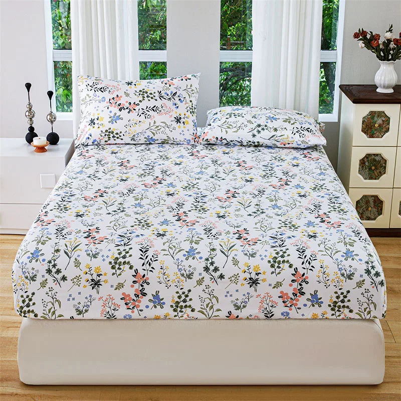Plant Flower Printed Fitted Sheet – Skin-Friendly Mattress Protector with Deep Pocket (Double/Queen)