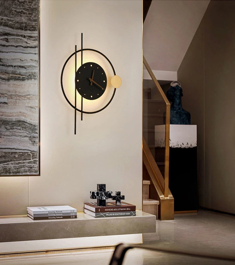 Nordic Luxury LED Clock Wall Light – Gold & Black Iron Acrylic Fixture