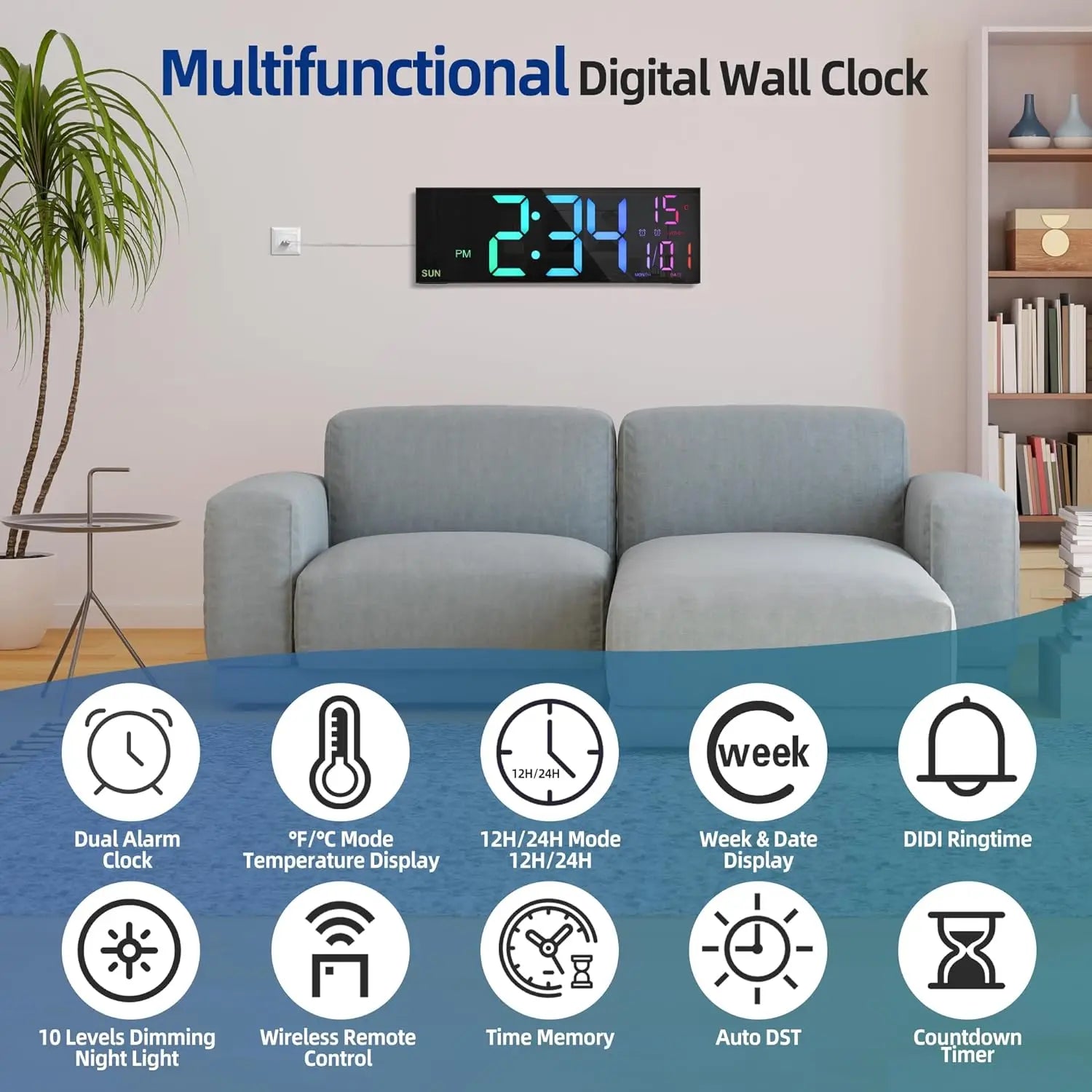 Big LED Display Alarm Clock – 16.2" Digital Wall Clock with Remote