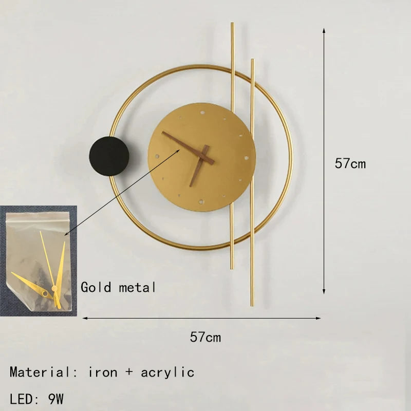 Nordic Luxury LED Clock Wall Light – Gold & Black Iron Acrylic Fixture