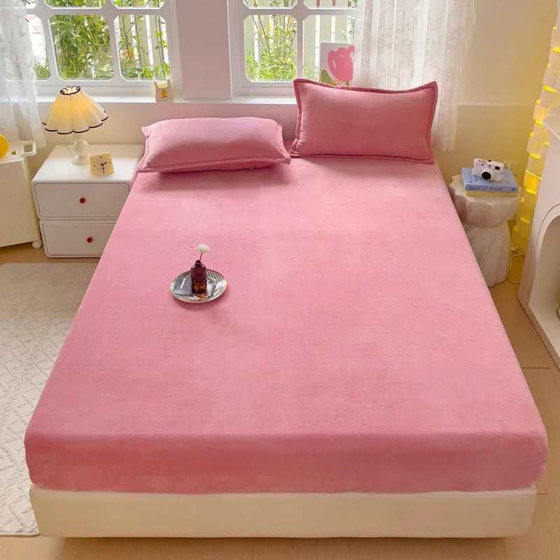 Warm Thick Flannel Fleece Bed Sheet – Solid Color, All-Inclusive Fitted Mattress Cover (Single/Queen/King)