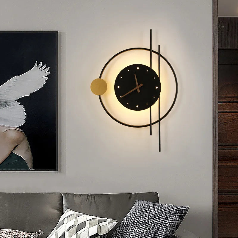 Nordic Luxury LED Clock Wall Light – Gold & Black Iron Acrylic Fixture