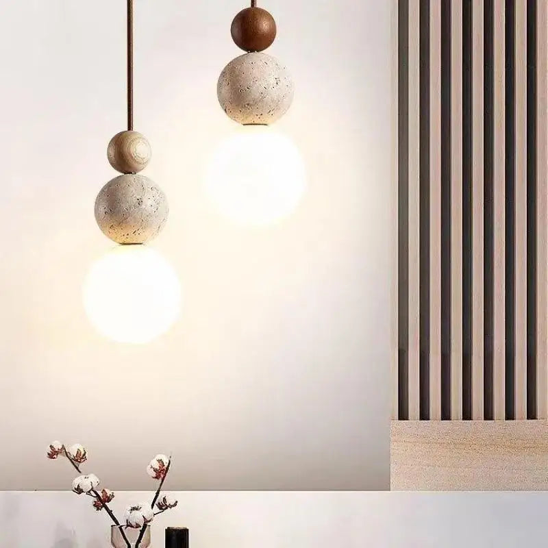 Wood and Stone Pendant Light – Small Ceiling Lamp for Home Decoration