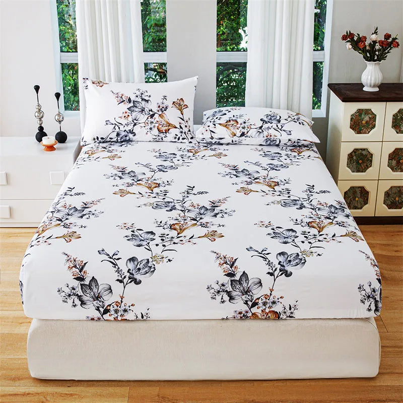 Plant Flower Printed Fitted Sheet – Skin-Friendly Mattress Protector with Deep Pocket (Double/Queen)