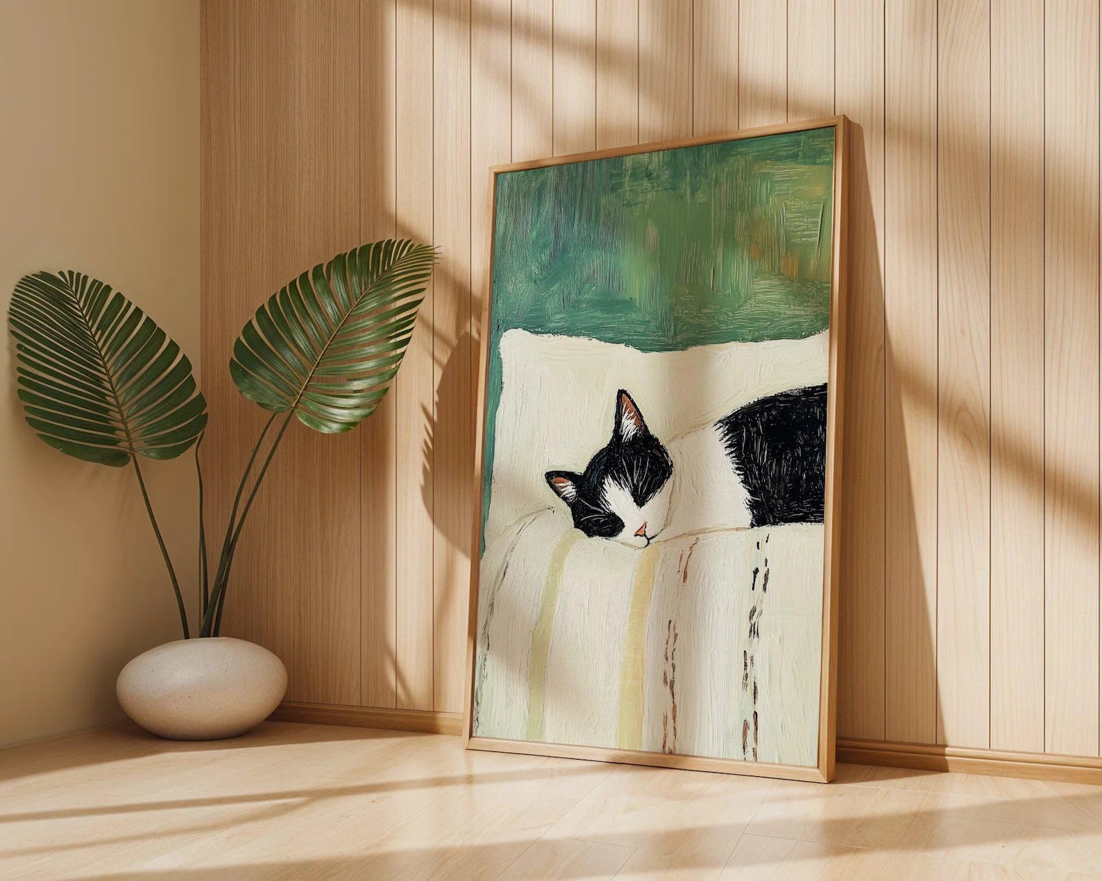 Modern Cat Wall Art Print – Black & White Tuxedo Cat Painting