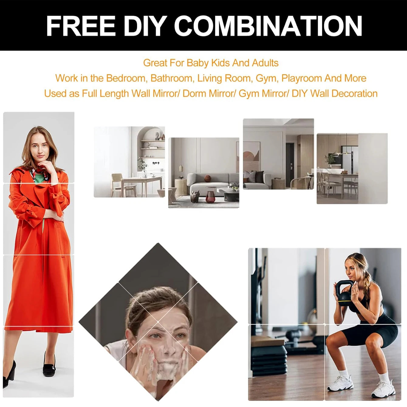 Frameless Acrylic Mirror Sheets – 4pcs Self-Adhesive Tiles for Bedroom & Gym
