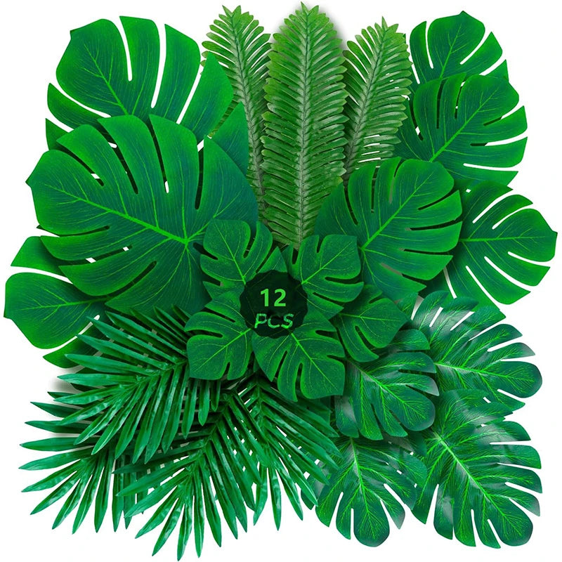 6/12pcs Artificial Palm Leaves – Green Silk Turtle Leaves for Party Decor
