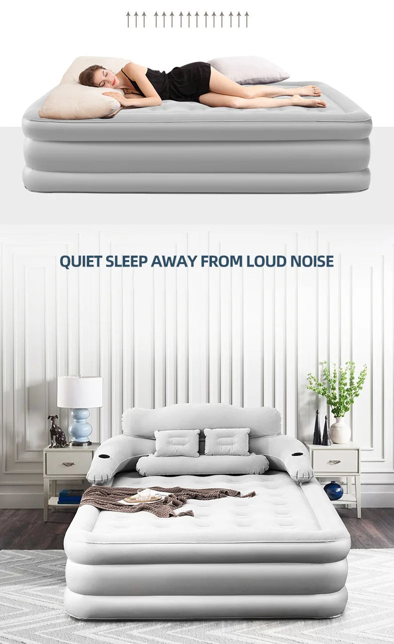 150×203cm Inflatable Bed – Built-in Pump & Detachable Backrest for Camping