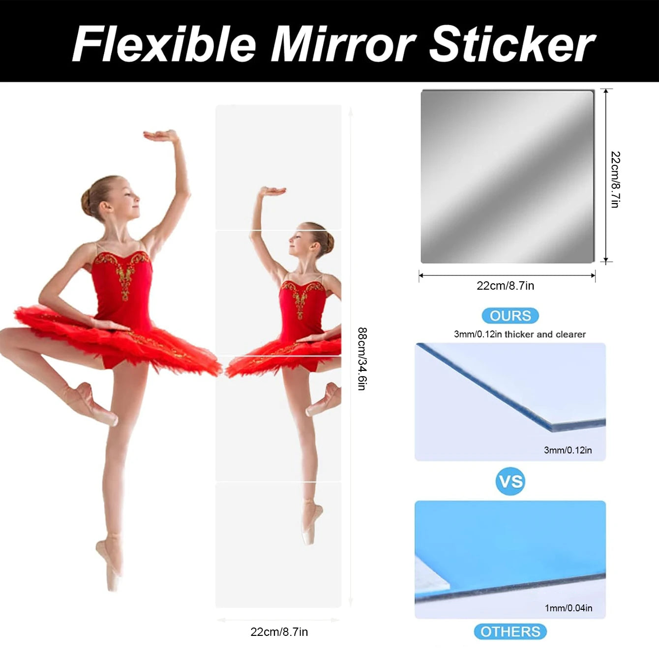 Frameless Acrylic Mirror Sheets – 4pcs Self-Adhesive Tiles for Bedroom & Gym