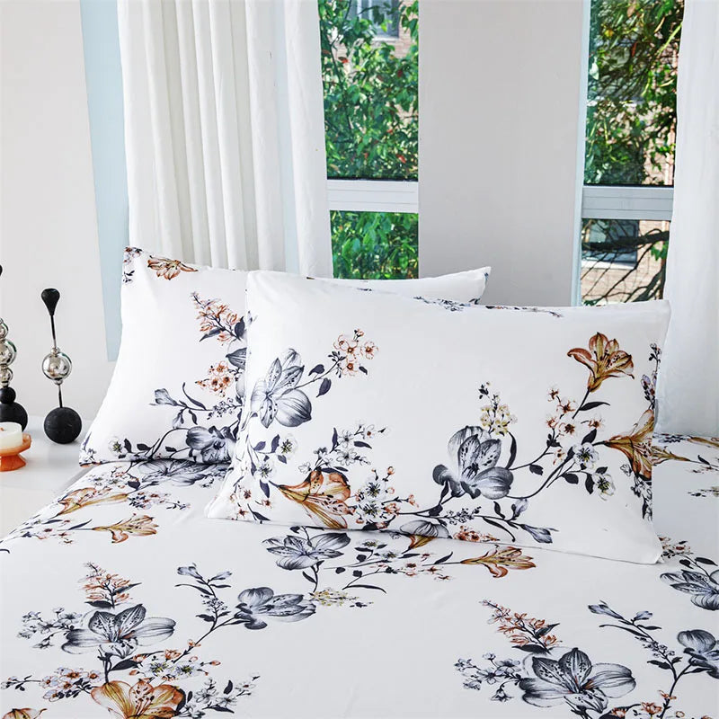 Plant Flower Printed Fitted Sheet – Skin-Friendly Mattress Protector with Deep Pocket (Double/Queen)