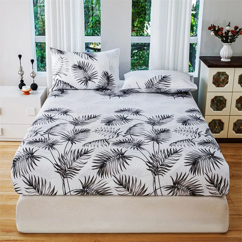 Plant Flower Printed Fitted Sheet – Skin-Friendly Mattress Protector with Deep Pocket (Double/Queen)