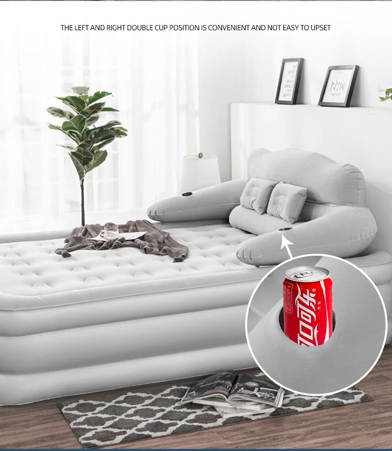 150×203cm Inflatable Bed – Built-in Pump & Detachable Backrest for Camping