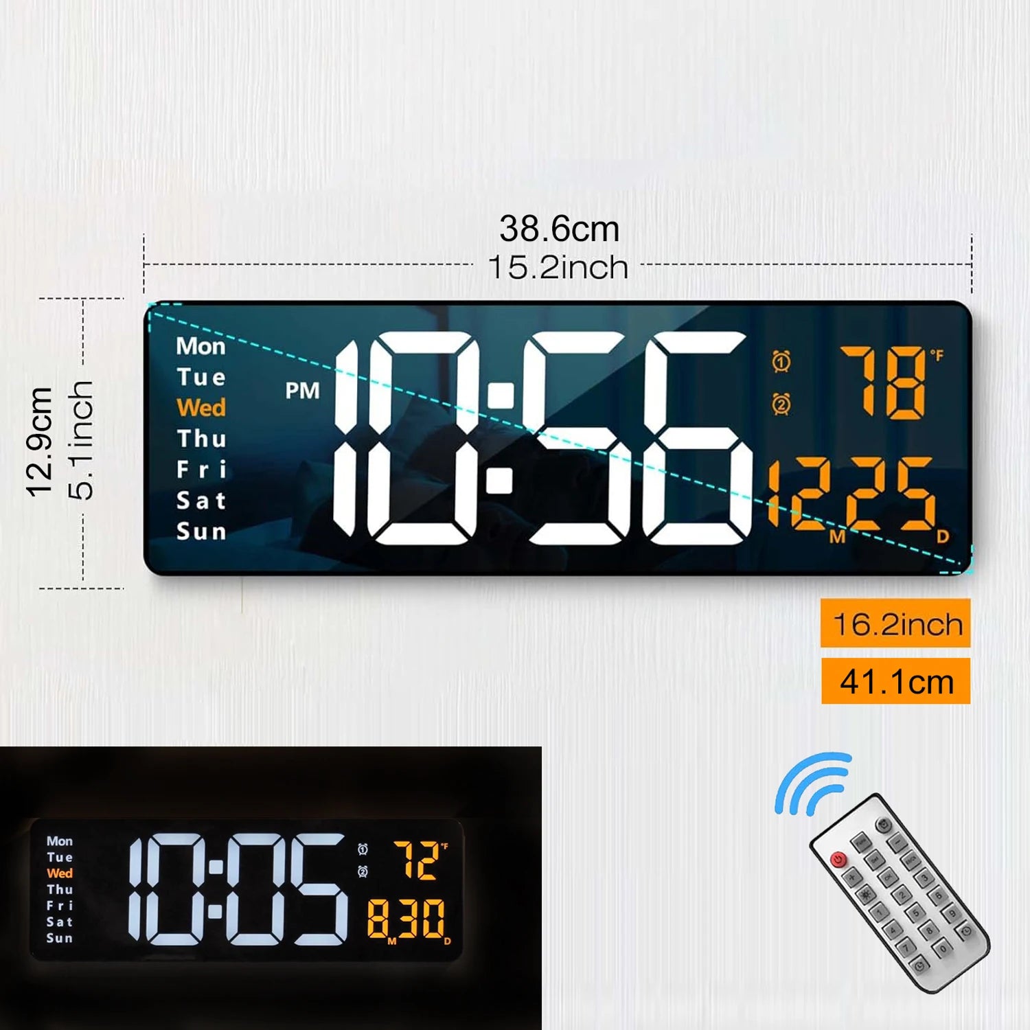 Big LED Display Alarm Clock – 16.2" Digital Wall Clock with Remote