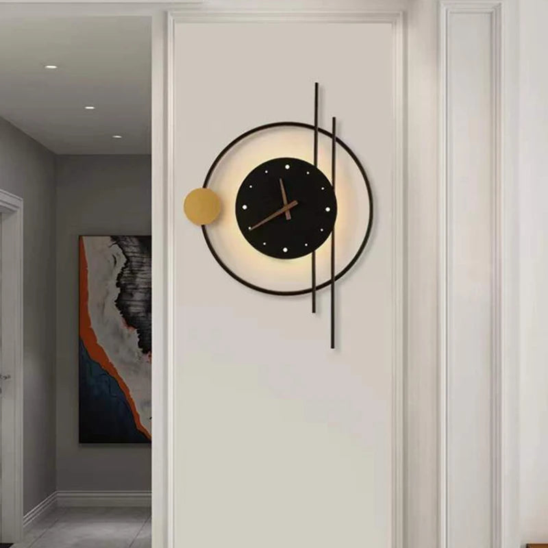 Nordic Luxury LED Clock Wall Light – Gold & Black Iron Acrylic Fixture