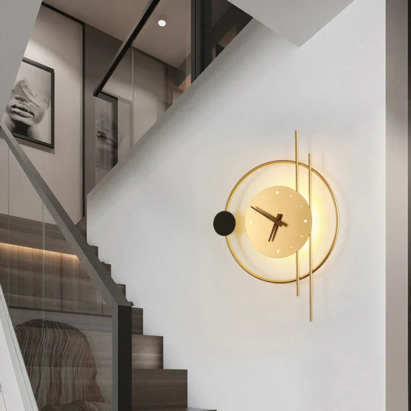 Nordic Luxury LED Clock Wall Light – Gold & Black Iron Acrylic Fixture