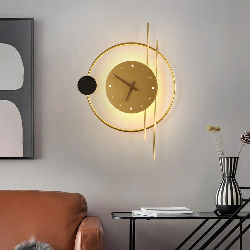 Nordic Luxury LED Clock Wall Light – Gold & Black Iron Acrylic Fixture
