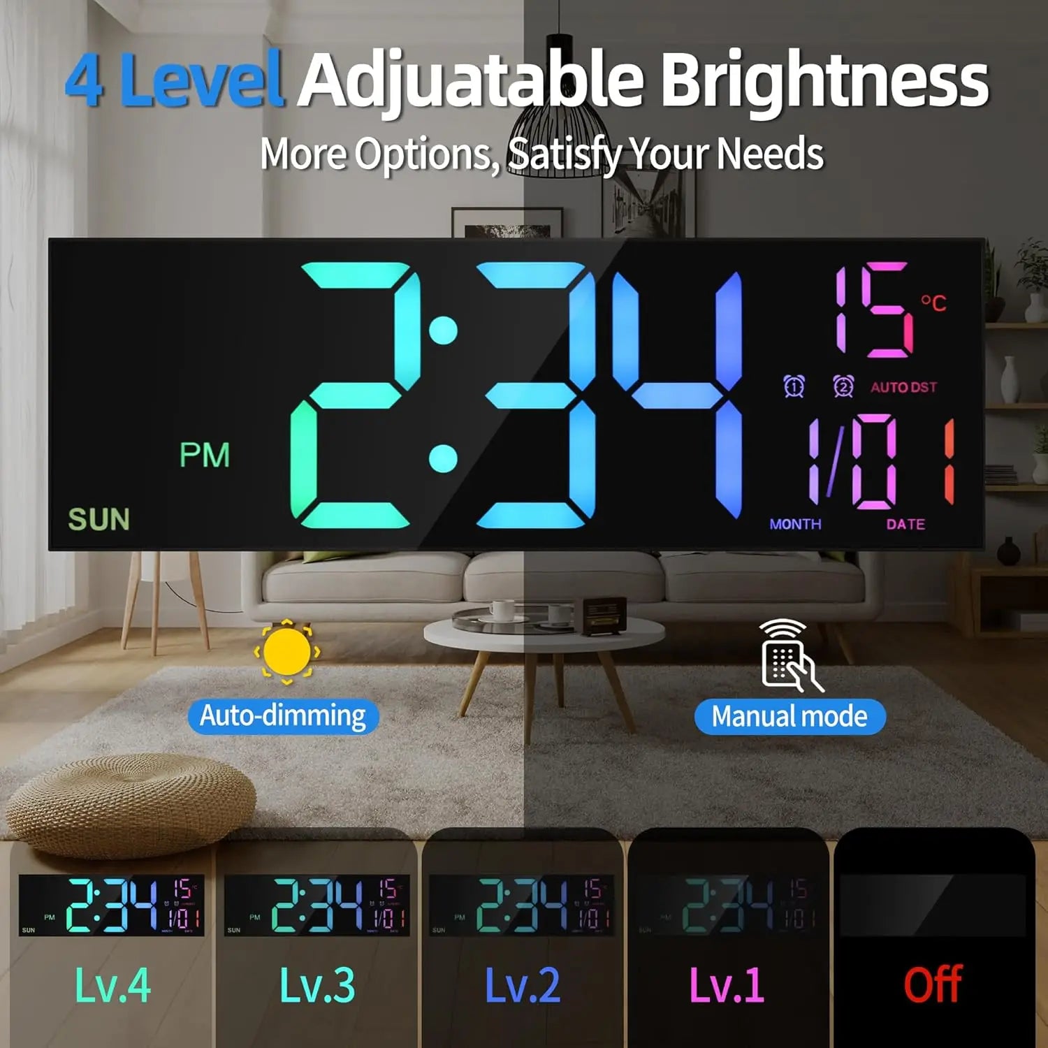 Big LED Display Alarm Clock – 16.2" Digital Wall Clock with Remote