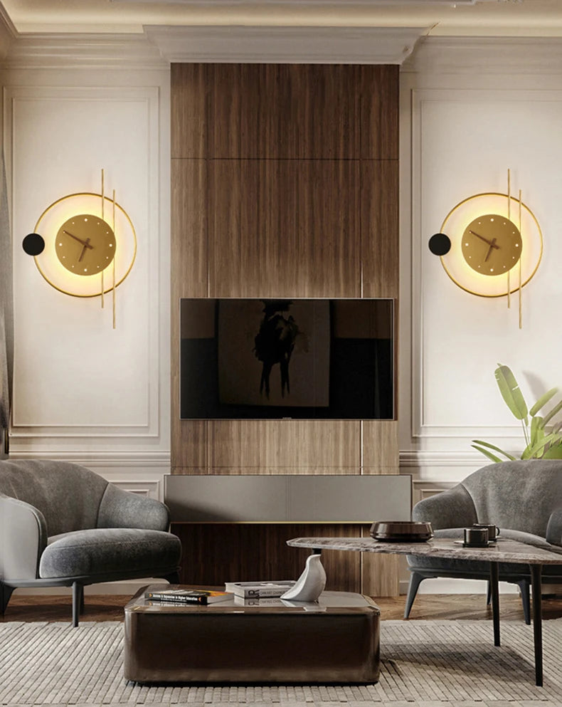 Nordic Luxury LED Clock Wall Light – Gold & Black Iron Acrylic Fixture