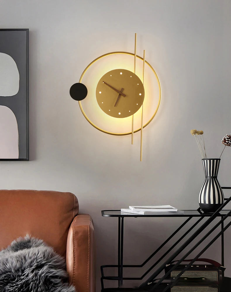 Nordic Luxury LED Clock Wall Light – Gold & Black Iron Acrylic Fixture