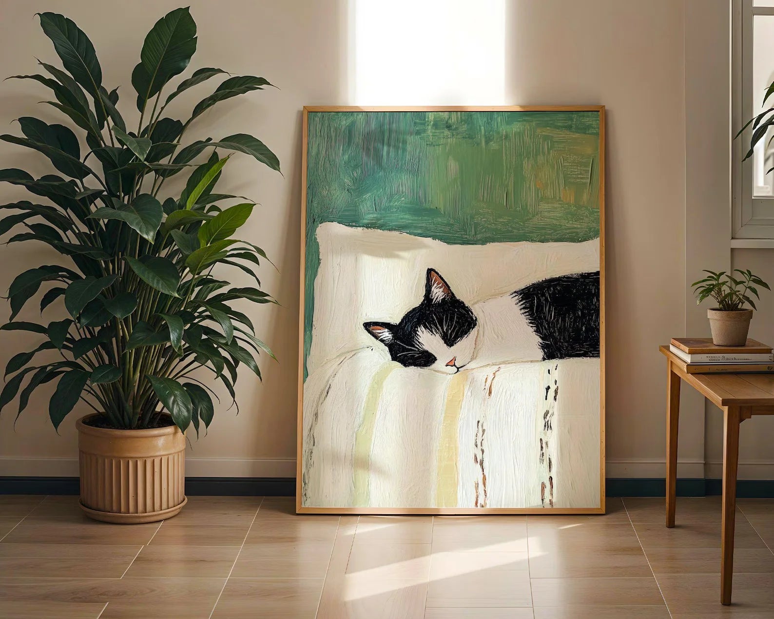 Modern Cat Wall Art Print – Black & White Tuxedo Cat Painting