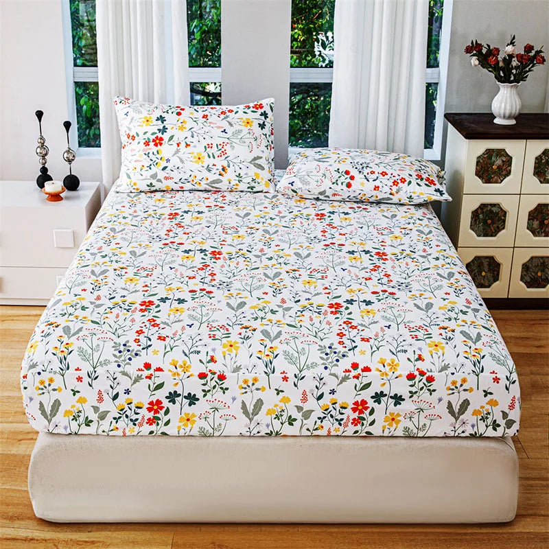 Plant Flower Printed Fitted Sheet – Skin-Friendly Mattress Protector with Deep Pocket (Double/Queen)