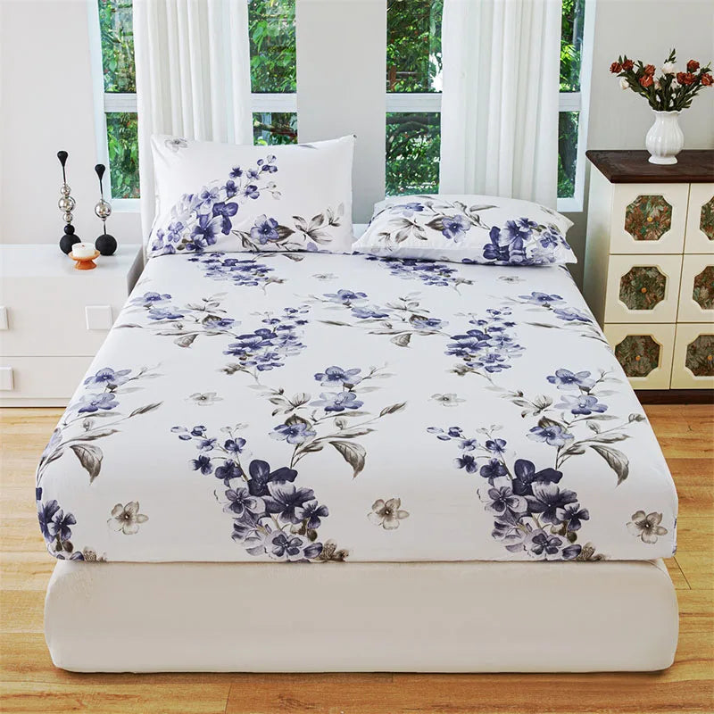 Plant Flower Printed Fitted Sheet – Skin-Friendly Mattress Protector with Deep Pocket (Double/Queen)