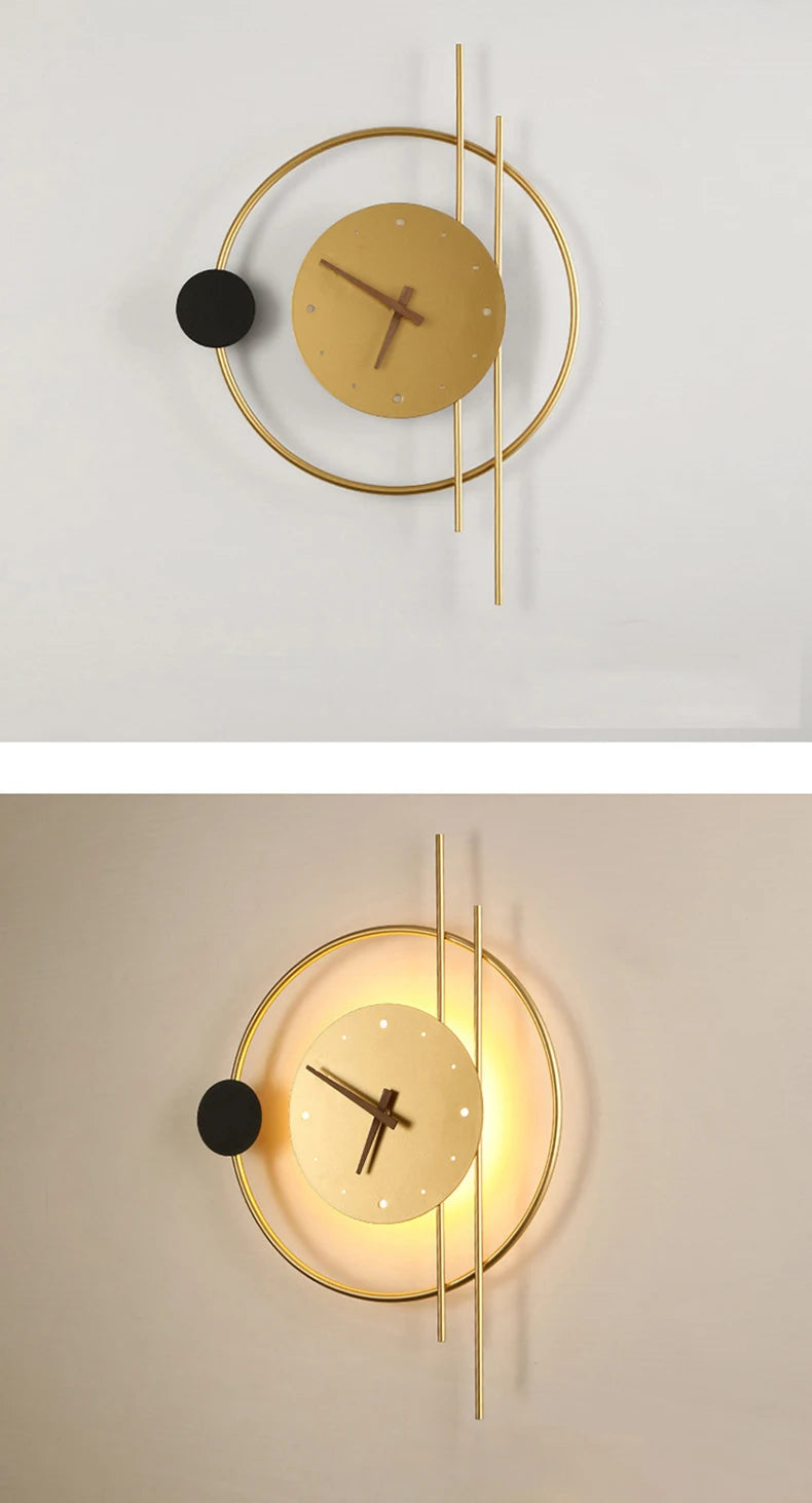 Nordic Luxury LED Clock Wall Light – Gold & Black Iron Acrylic Fixture