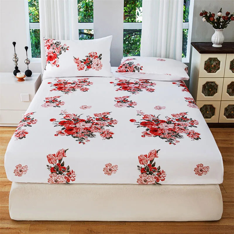Plant Flower Printed Fitted Sheet – Skin-Friendly Mattress Protector with Deep Pocket (Double/Queen)