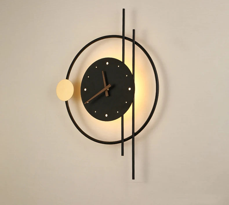 Nordic Luxury LED Clock Wall Light – Gold & Black Iron Acrylic Fixture
