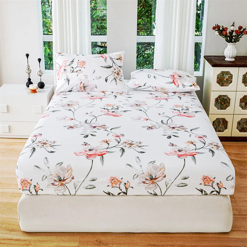 Plant Flower Printed Fitted Sheet – Skin-Friendly Mattress Protector with Deep Pocket (Double/Queen)