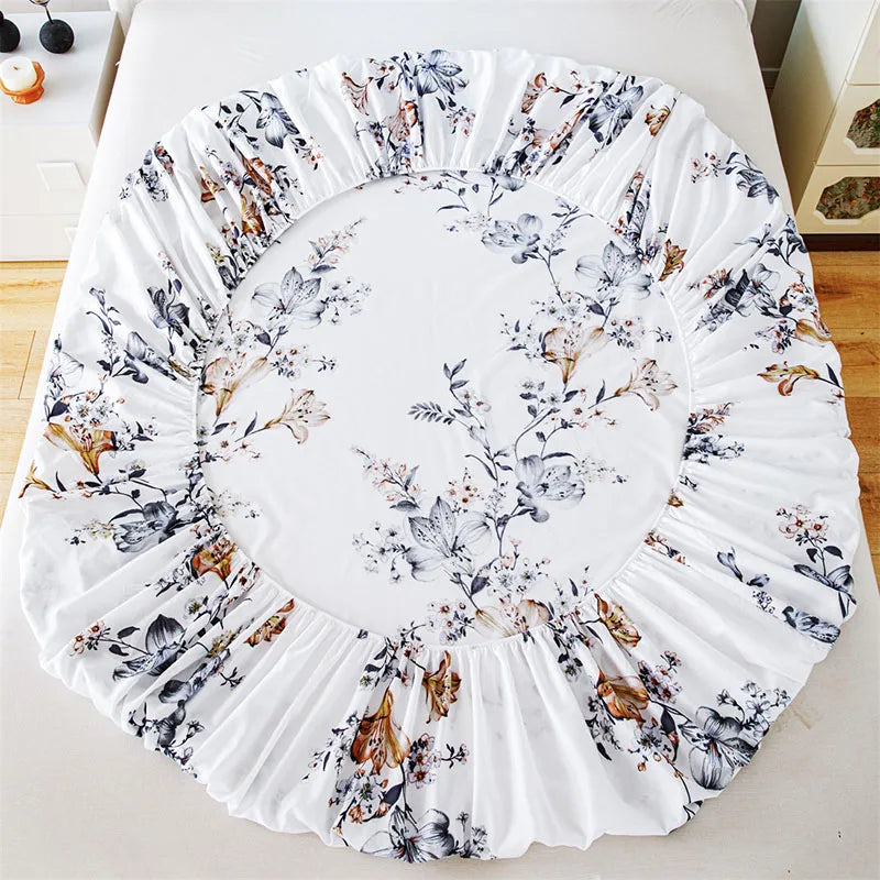 Plant Flower Printed Fitted Sheet – Skin-Friendly Mattress Protector with Deep Pocket (Double/Queen)