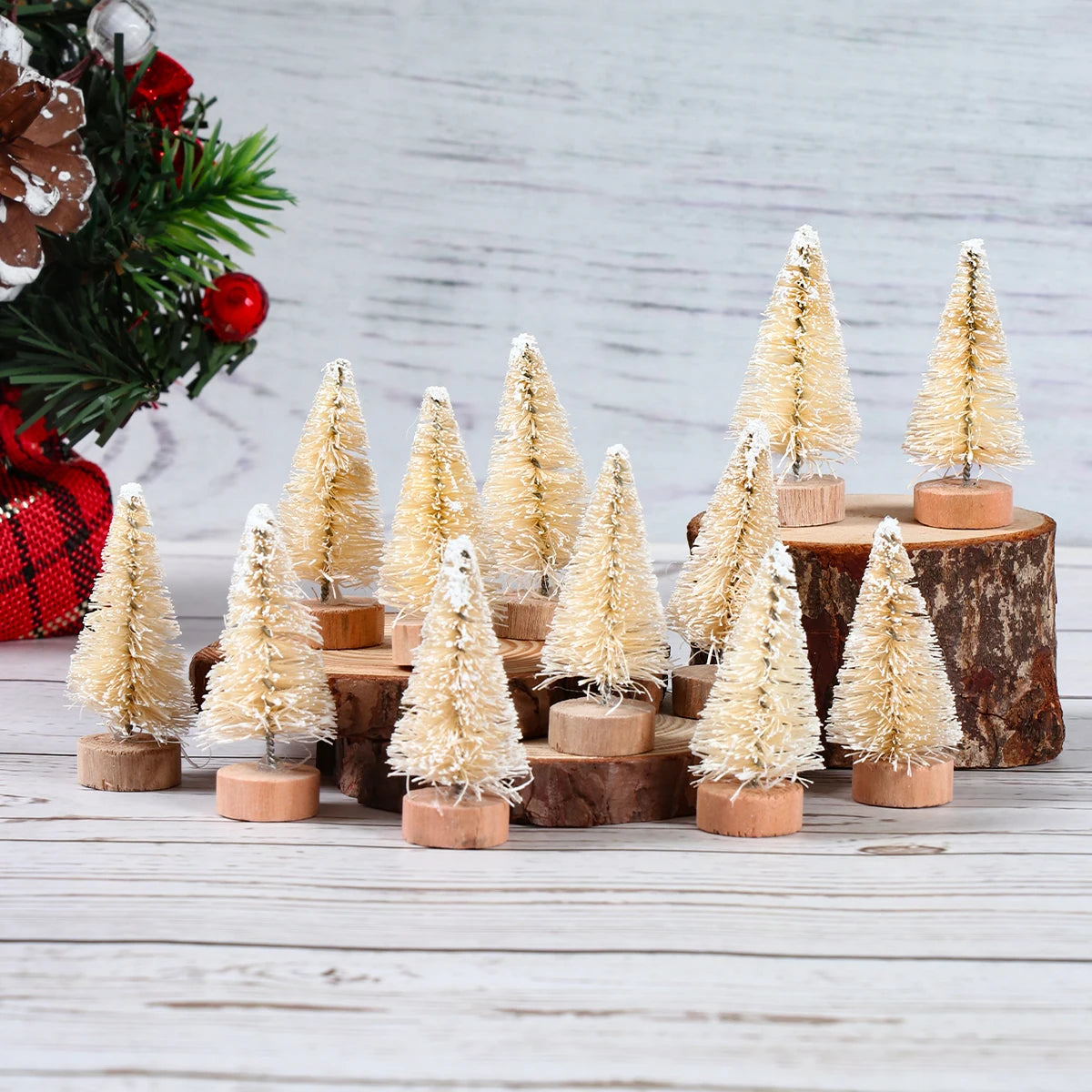 Set of Mini Christmas Trees – Artificial Wooden Pine Table Decorations
