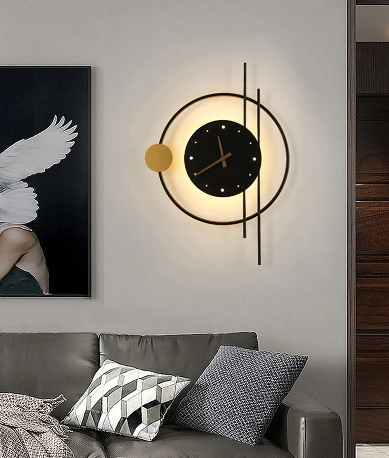 Nordic Luxury LED Clock Wall Light – Gold & Black Iron Acrylic Fixture