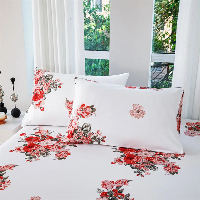 Plant Flower Printed Fitted Sheet – Skin-Friendly Mattress Protector with Deep Pocket (Double/Queen)