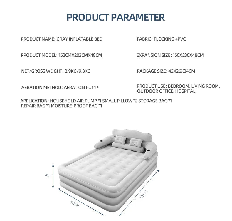 150×203cm Inflatable Bed – Built-in Pump & Detachable Backrest for Camping