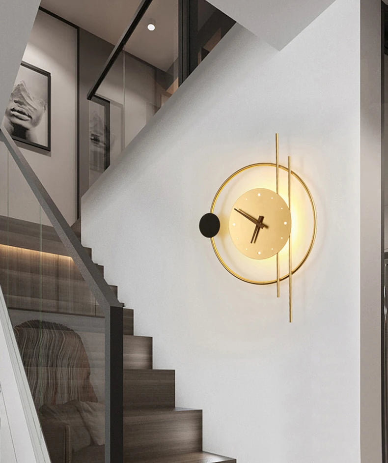 Nordic Luxury LED Clock Wall Light – Gold & Black Iron Acrylic Fixture
