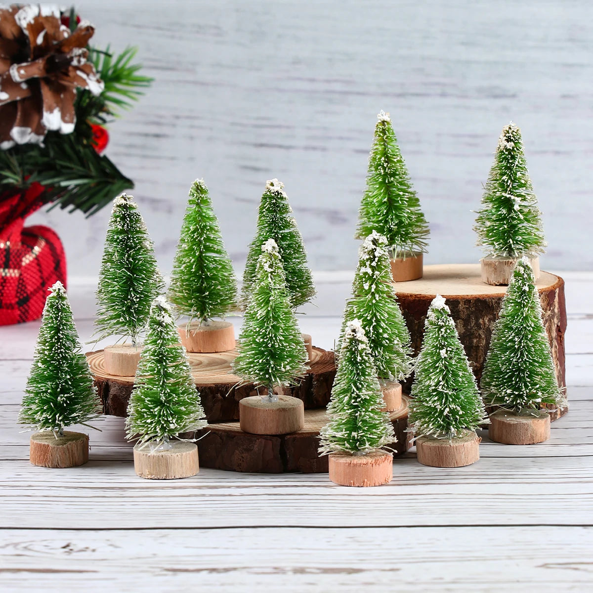 Set of Mini Christmas Trees – Artificial Wooden Pine Table Decorations