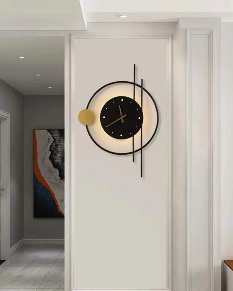 Nordic Luxury LED Clock Wall Light – Gold & Black Iron Acrylic Fixture