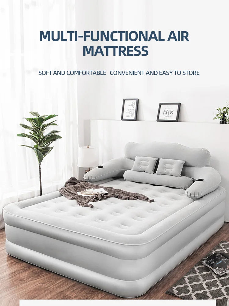 150×203cm Inflatable Bed – Built-in Pump & Detachable Backrest for Camping