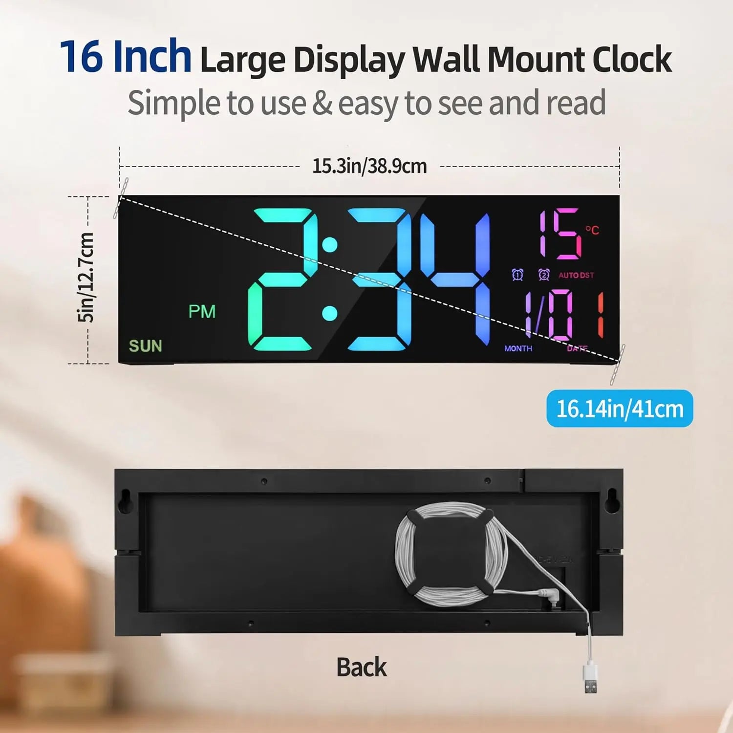Big LED Display Alarm Clock – 16.2" Digital Wall Clock with Remote