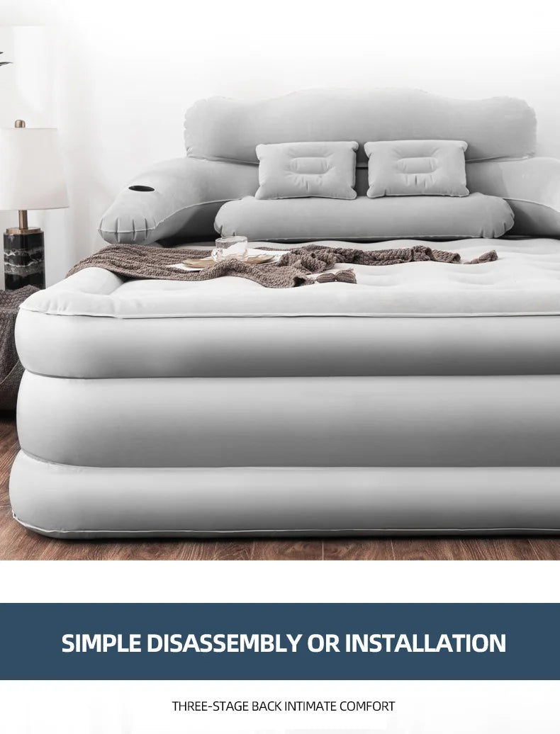 150×203cm Inflatable Bed – Built-in Pump & Detachable Backrest for Camping